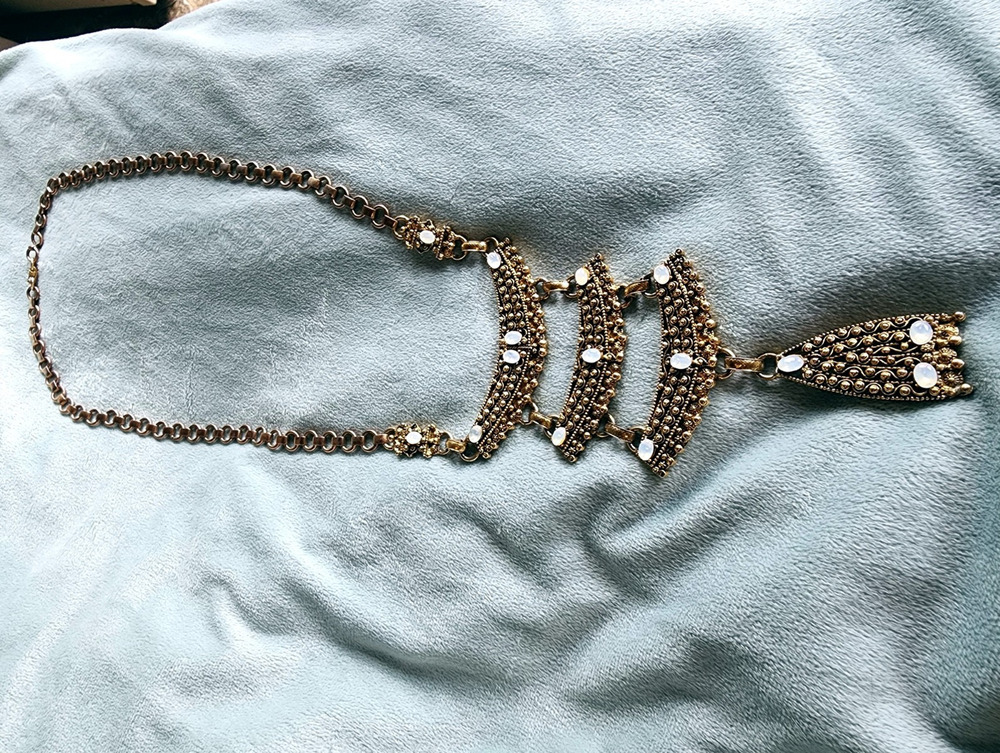 Vintage Hollycraft Signed Bib Necklace Gold Tone Opal Cabochon Filigree Layered